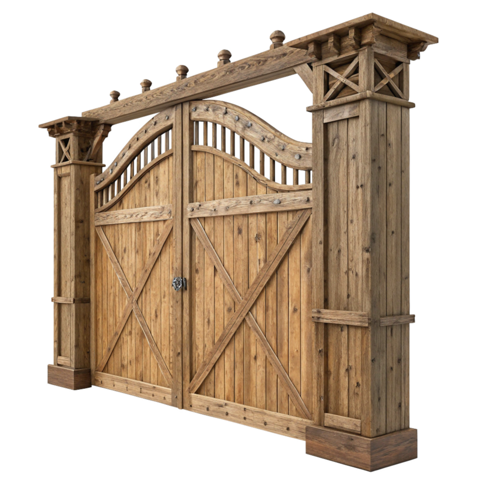 Rustic Wooden Double Gate with Ornate Design and Pillars png