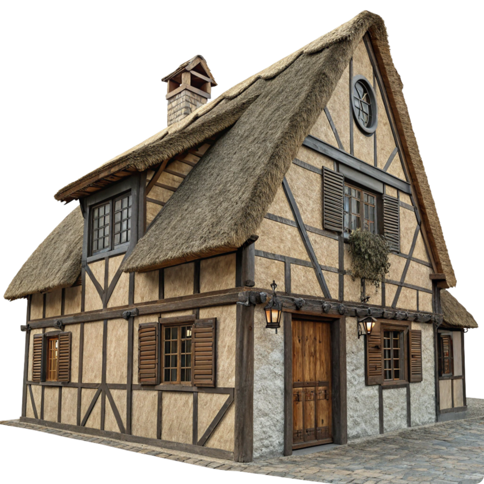 Charming Old European Style Cottage with Thatched Roof and Timber Frame png