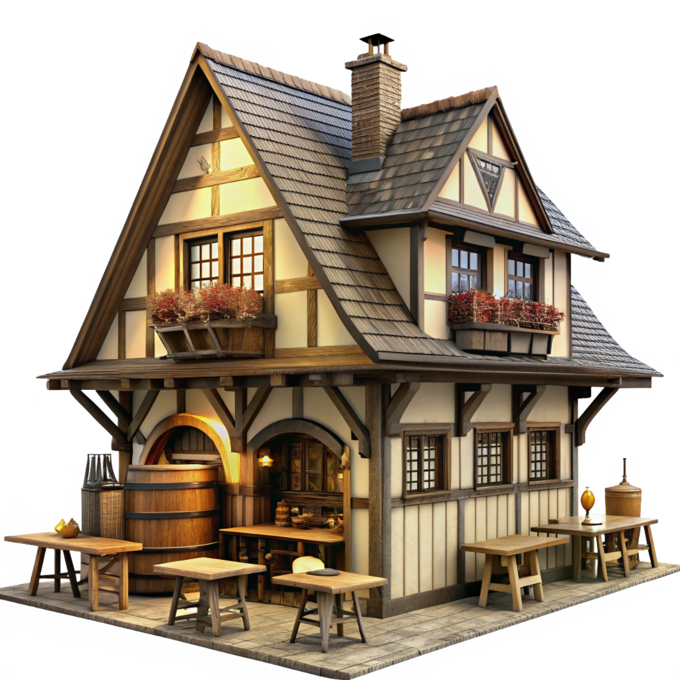 Charming MedievalStyle Cottage with Wooden Barrel and Outdoor Tables png