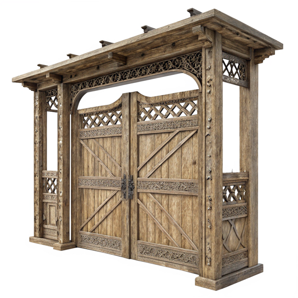 Ornate Wooden Gate with Intricate Carvings and a Decorative Top png