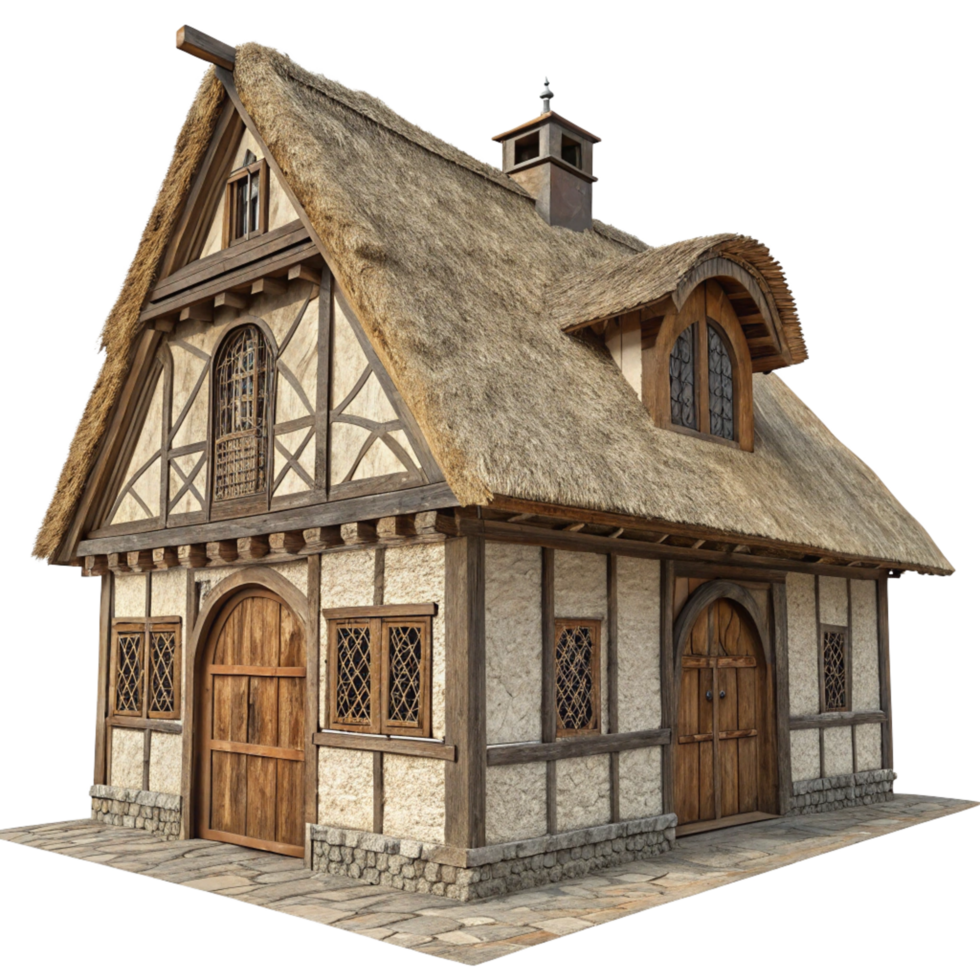 Charming Medieval Cottage with Thatch Roof and Stone Foundation png