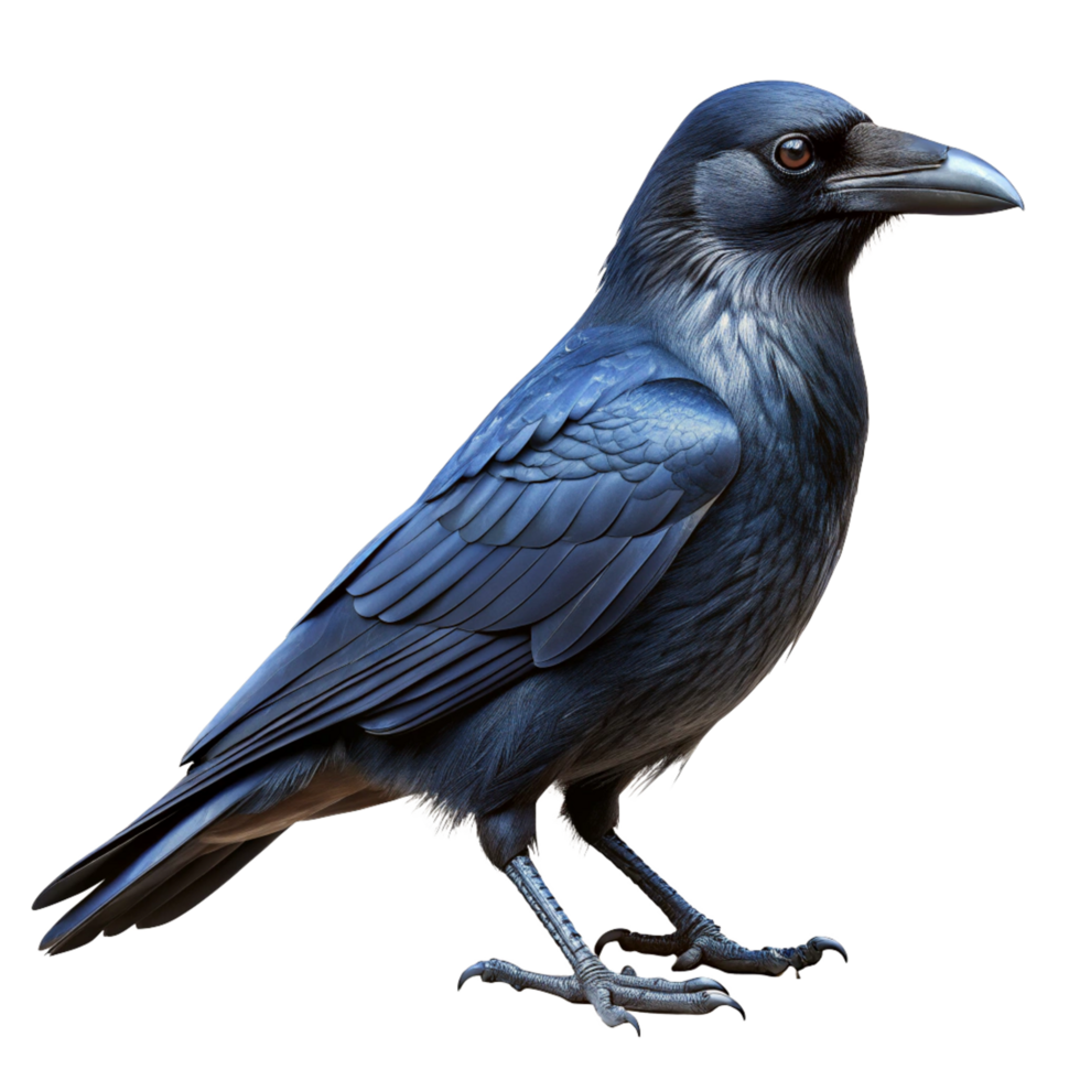 A Stunningly Realistic Digital Rendering of a Dark Blue Raven Perched Against a Black Background png