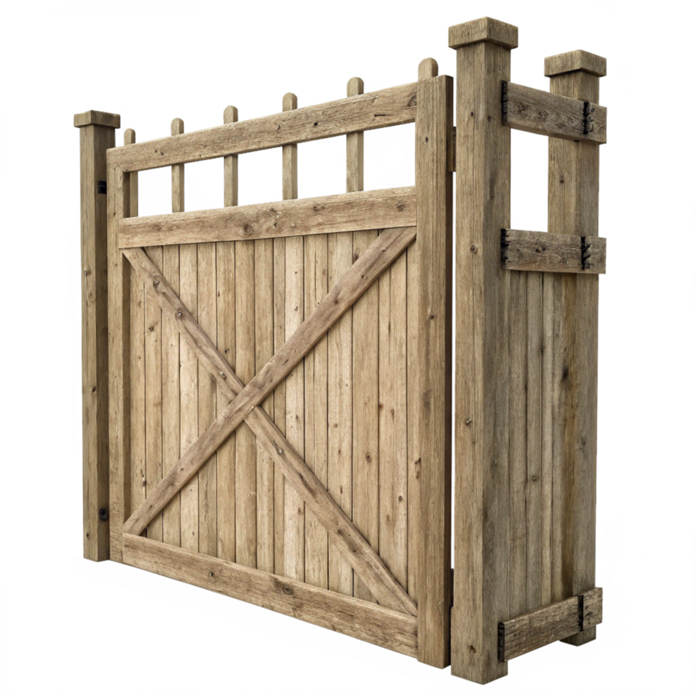 Rustic Wooden Gate with XBrace Design and Decorative Top Railing png