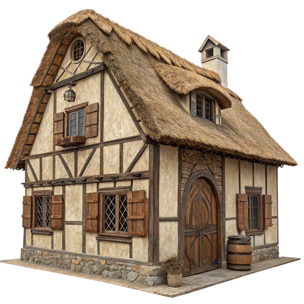 Medieval Style Thatched Cottage with Wooden Frame and Stone Base png