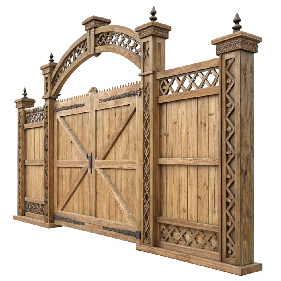 Ornate Wooden Gate and Fence with Intricate Carvings and Finials png