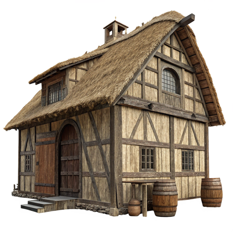 Medieval Cottage with Thatched Roof and Wooden Barrels png