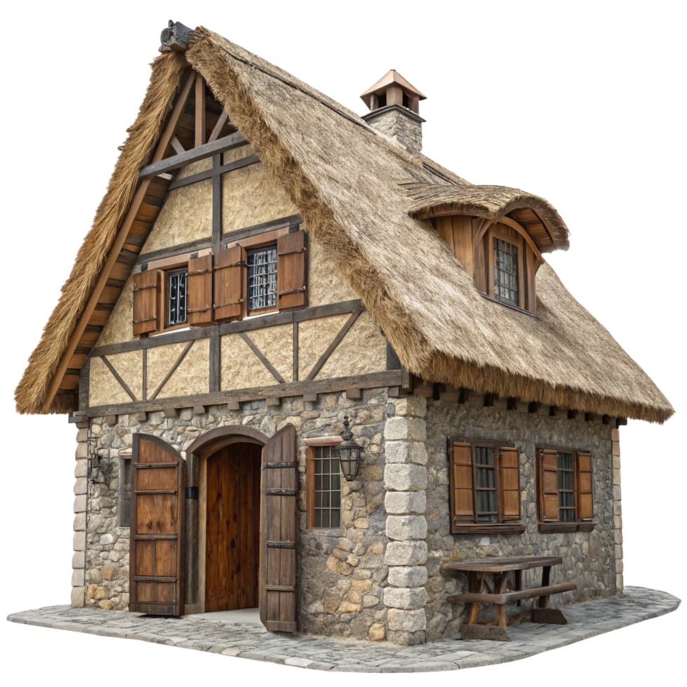 A charming rustic stone cottage with a thatched roof and wooden accents png