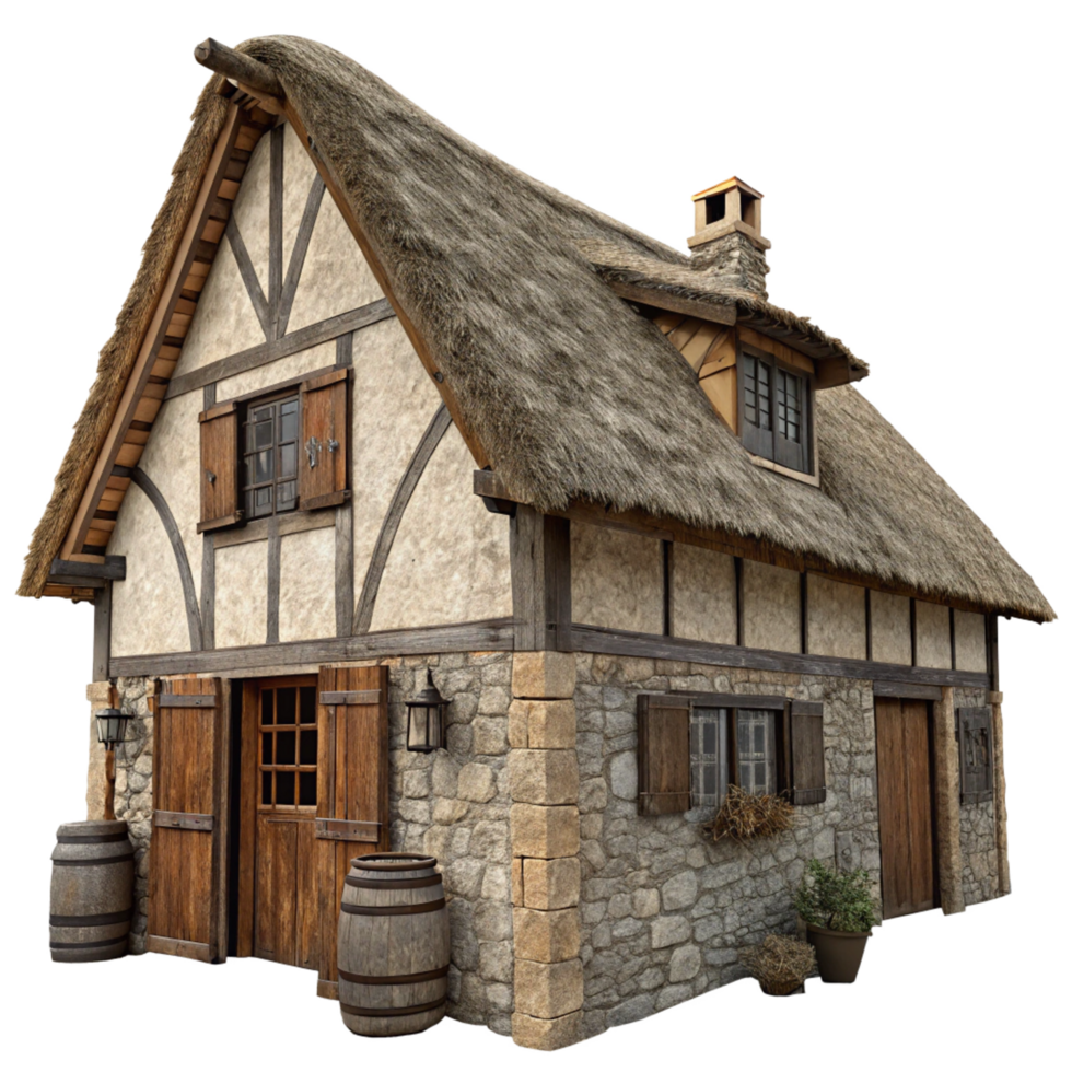 Quaint Medieval Cottage with Thatched Roof and Stone Walls png