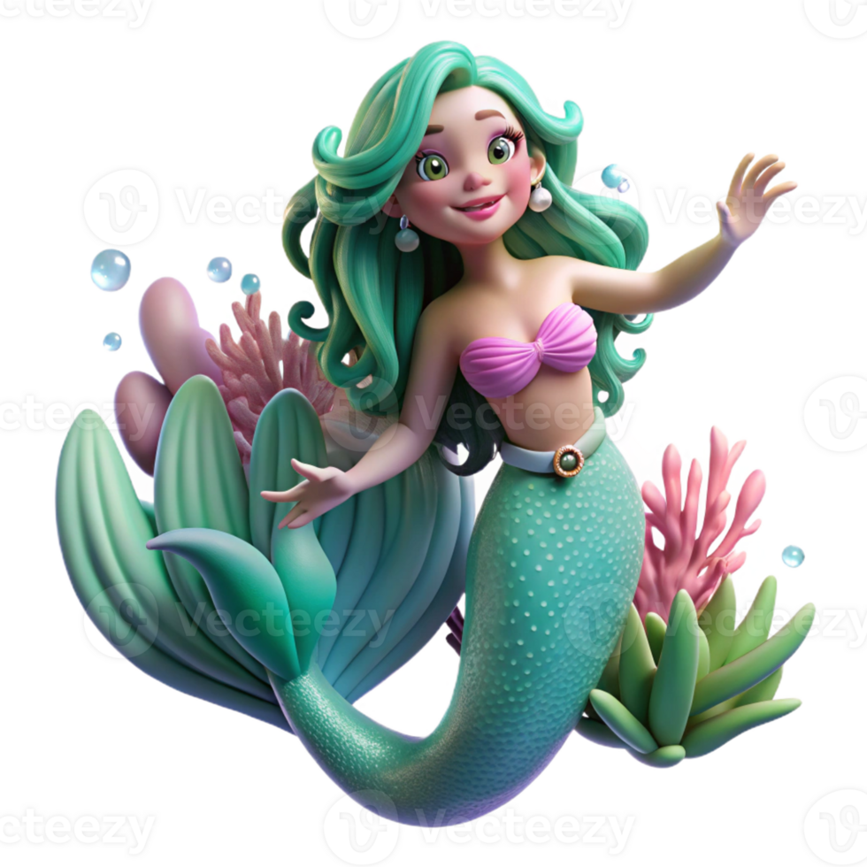 vibrant artistic A beautiful mermaid with flowing emerald hair and pearl-studded tail, swimming through a coral reef, bathed in underwater sunlight. Dreamlike, ethereal style authentic png