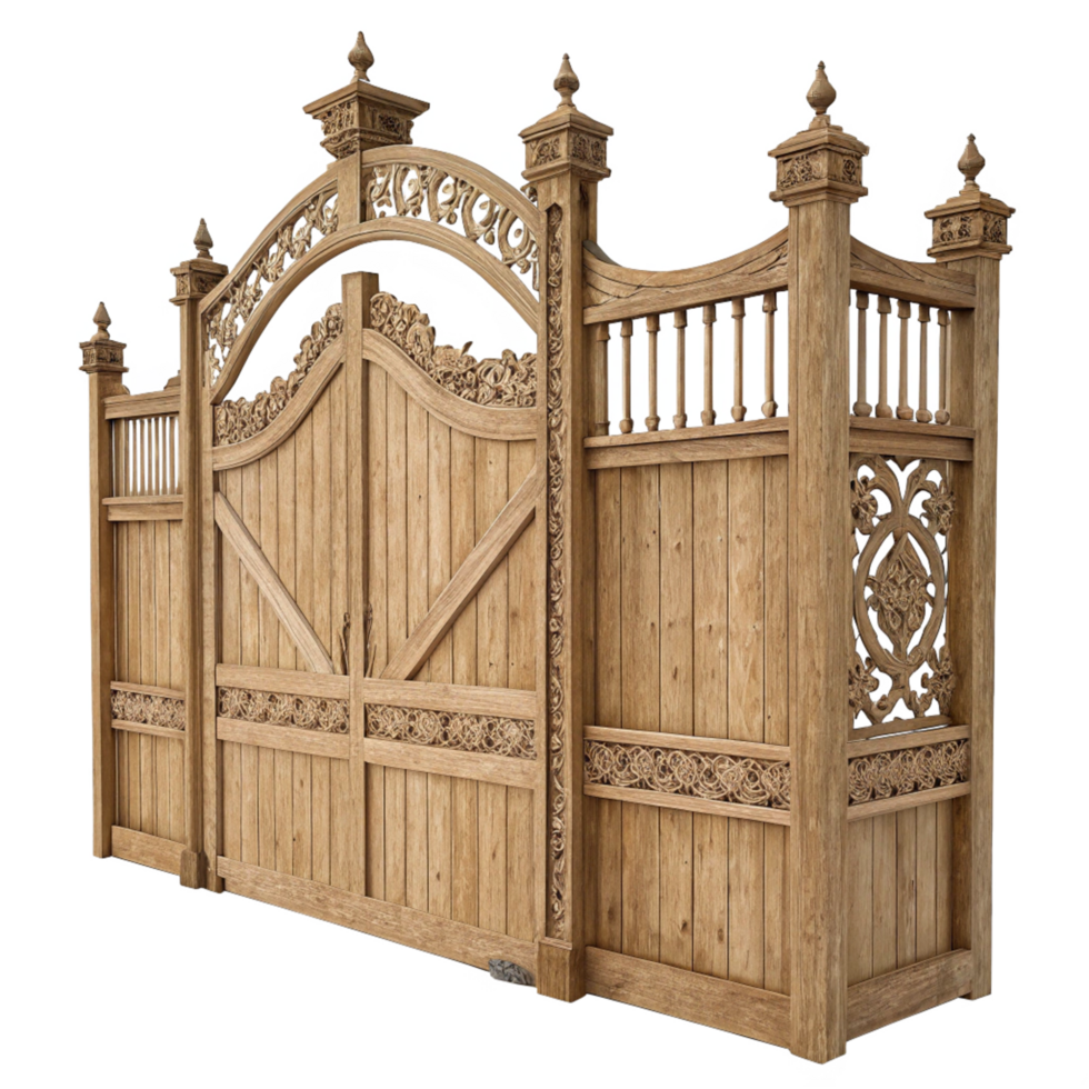 Ornate Wooden Gate and Fence with Intricate Carving and Finials png