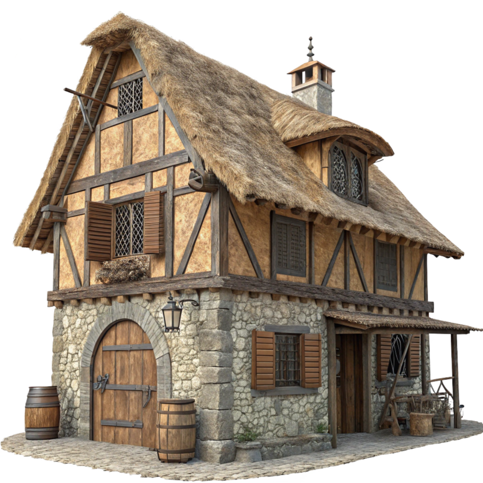 Medieval Style Cottage with Thatched Roof and Stone Foundation 3D Render png