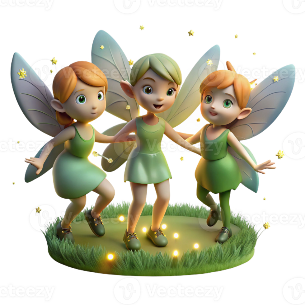 dramatic artistic A group of playful pixies with shimmering wings, dancing in a moonlit meadow, illuminated by the soft glow of fireflies. Whimsical, storybook style original png