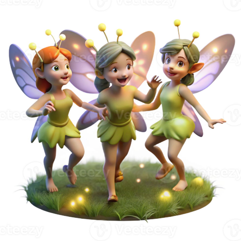 serene contemporary A group of playful pixies with shimmering wings, dancing in a moonlit meadow, illuminated by the soft glow of fireflies. Whimsical, storybook style detailed png