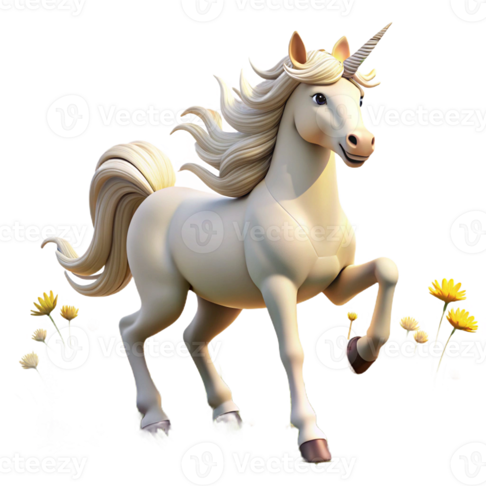 beautiful vintage A graceful unicorn with a silver horn and flowing white mane, galloping through a field of wildflowers, bathed in golden sunlight. Romantic, fantasy art style 4K png