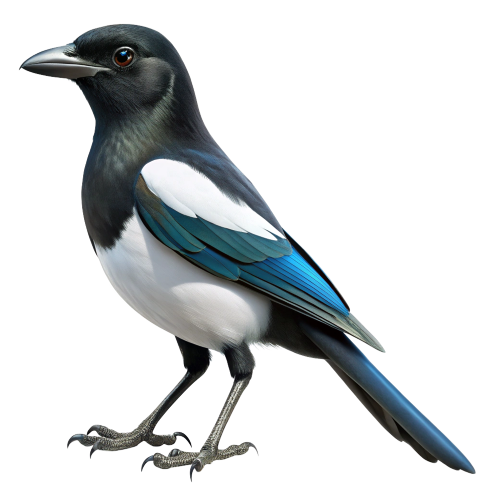Detailed Illustration of a Eurasian Magpie Bird with Striking Black and White Plumage and Vivid Blue Tail Feathers png