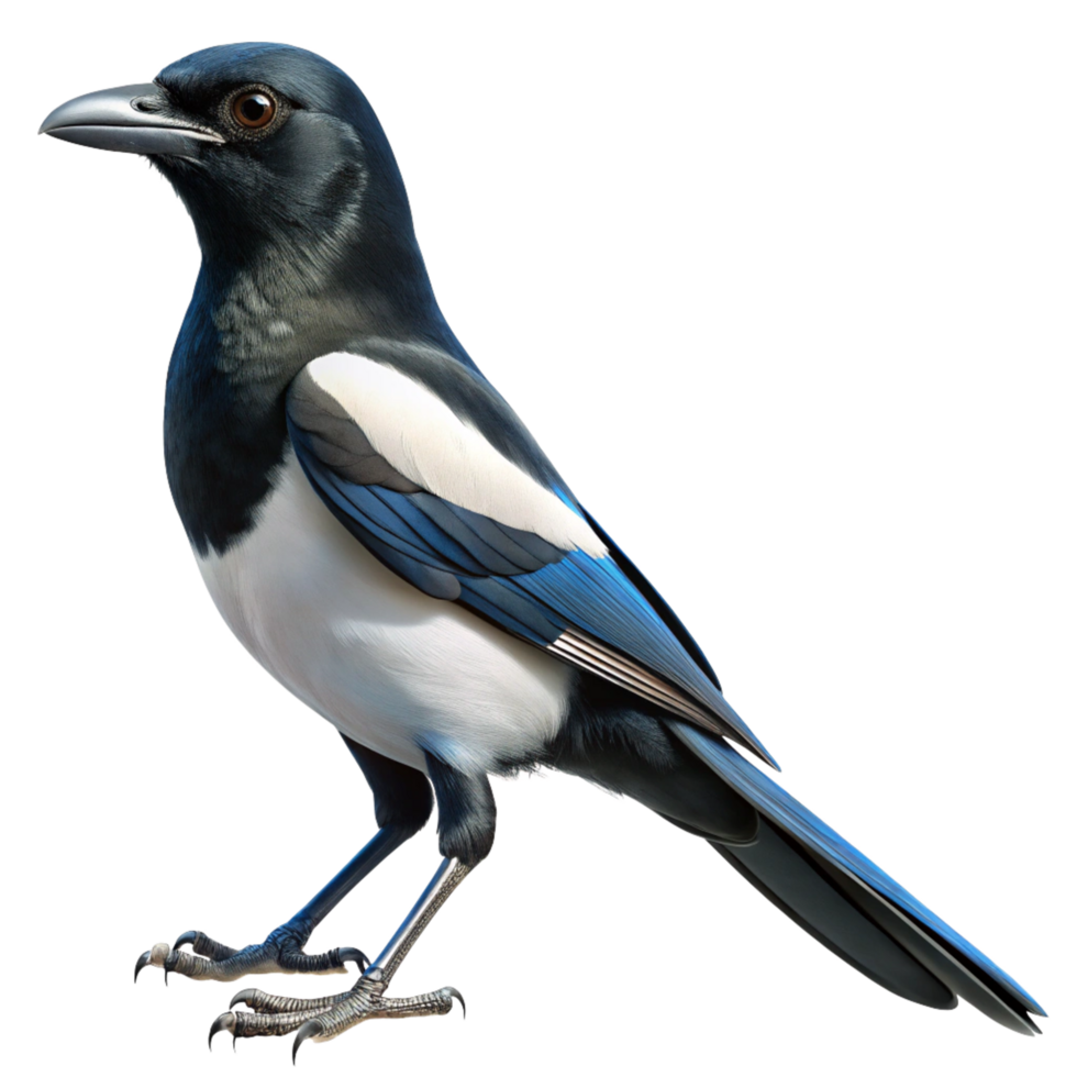 Detailed Illustration of a Eurasian Magpie Bird in Profile View against a Black Background png