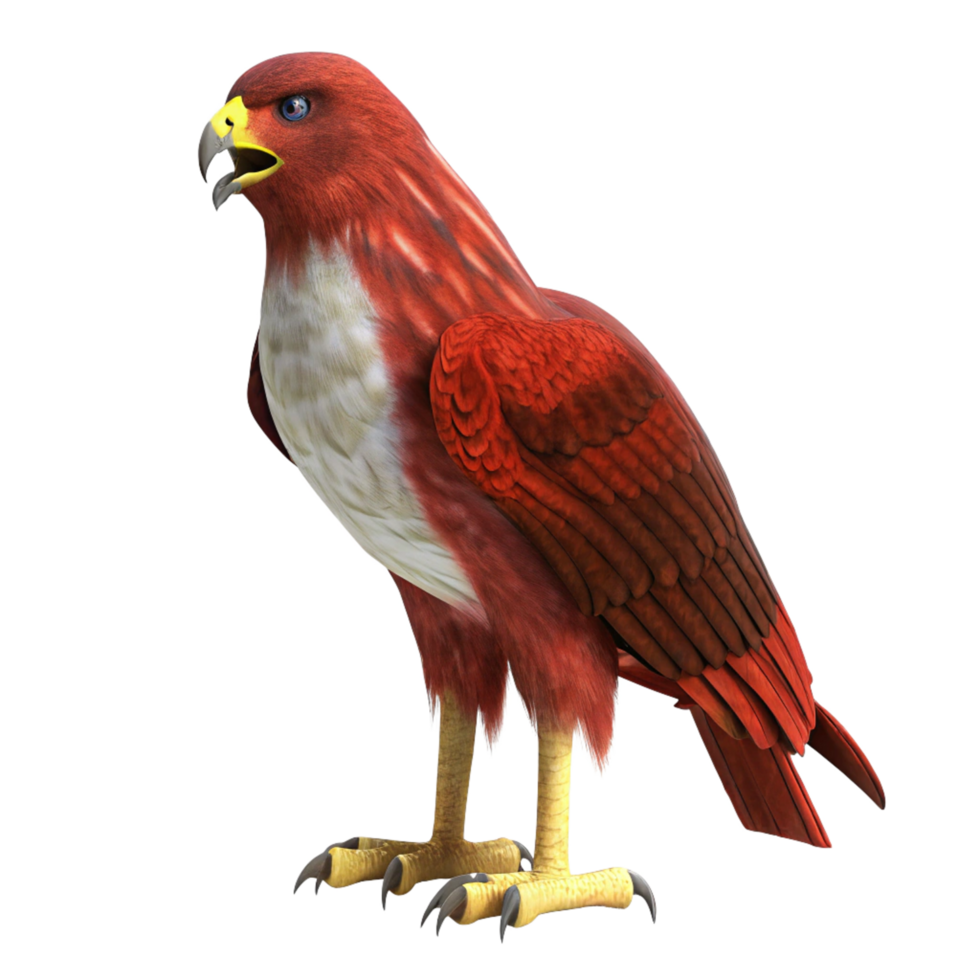 A Stunning 3D Render of a Fiery Red Hawk with Yellow Talons and a Striking Pose png