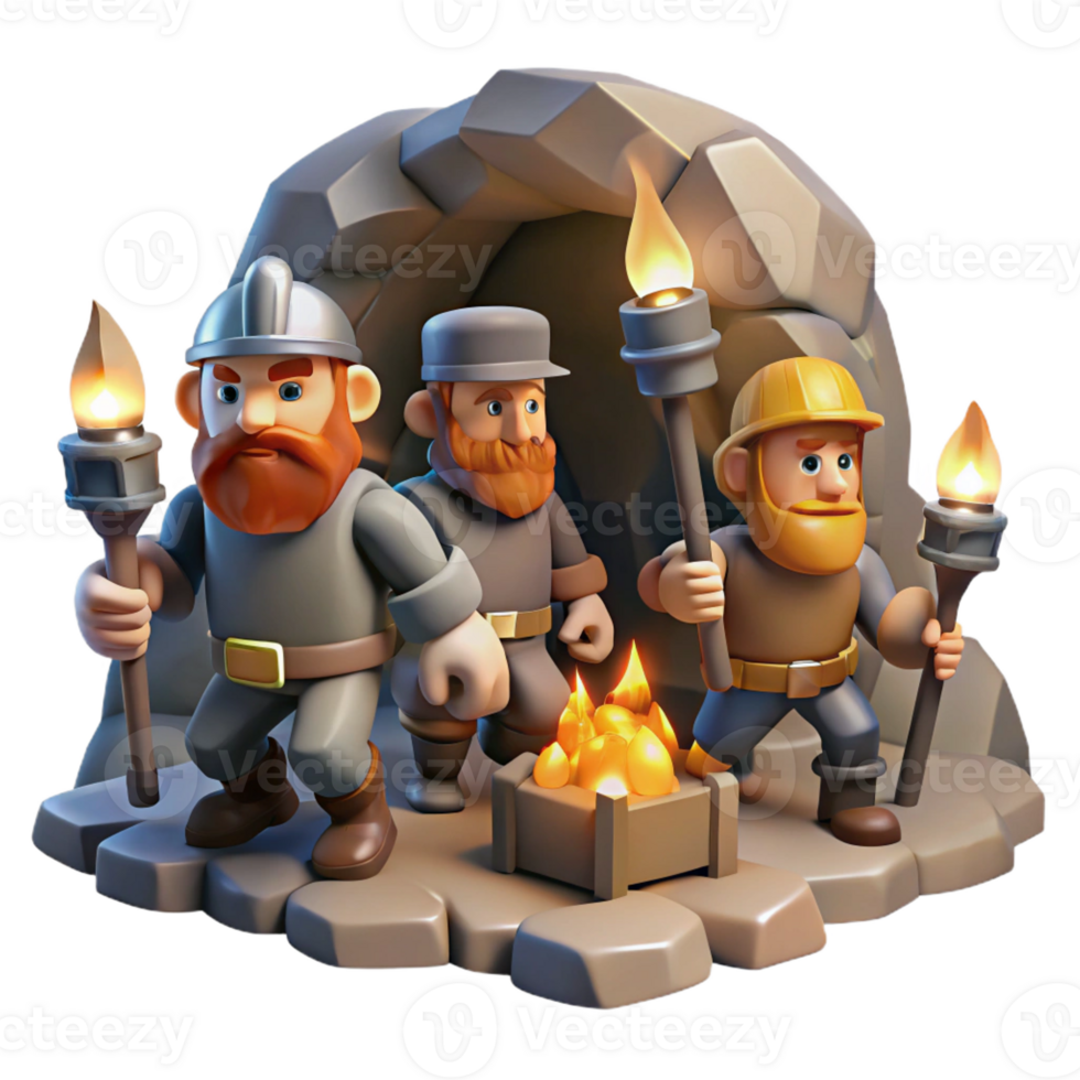 elegant classic A group of adventurous dwarves mining for gems in a cavern, illuminated by the flickering light of their torches. Realistic, gritty style premium png