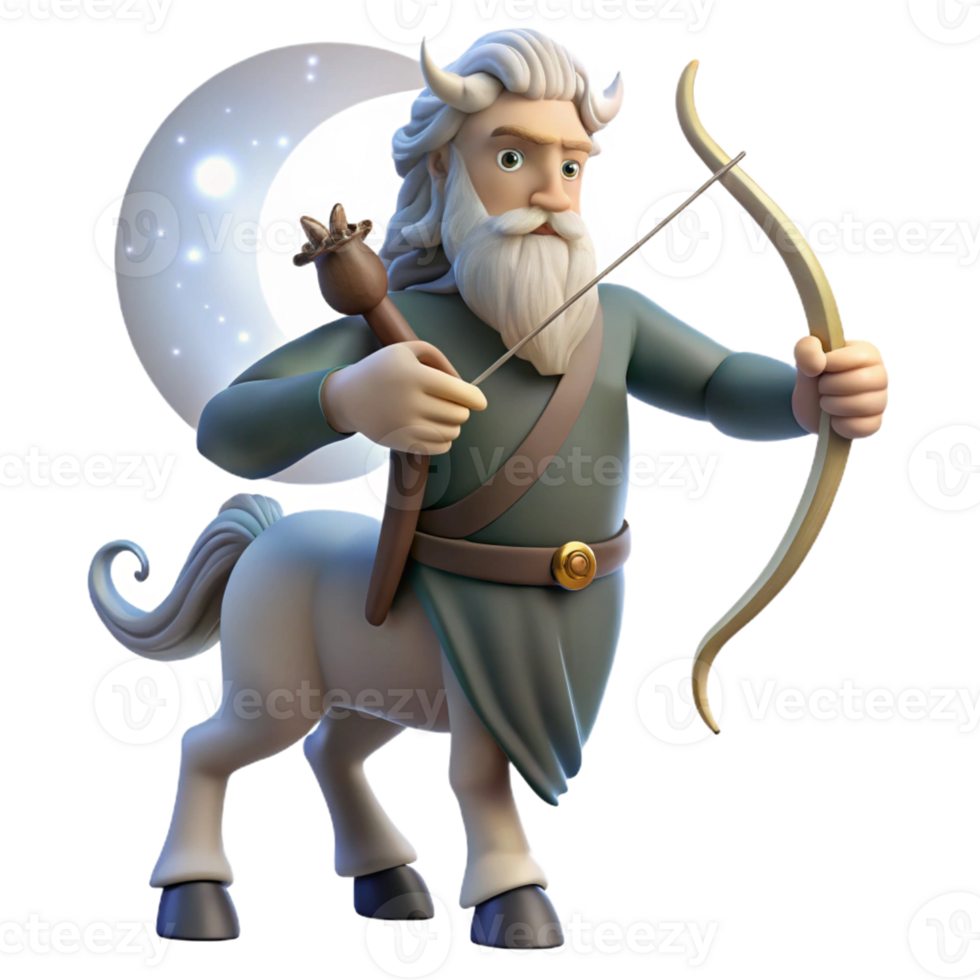 wonderful minimalist A wise old centaur with a flowing beard and a bow and arrow, gazing at the starry night sky, illuminated by the soft glow of the moon. Classical mythology style authentic png