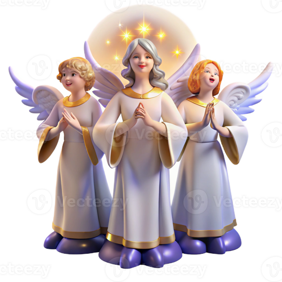dramatic modern A group of celestial beings with glowing wings and ethereal robes, singing in harmony, bathed in celestial light. Divine, angelic style professional png