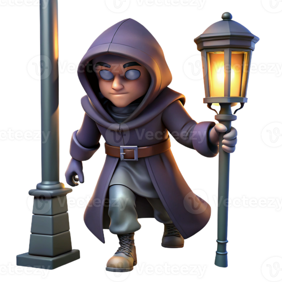 magnificent modern A cunning rogue with a hooded cloak and a dagger, sneaking through a darkened alleyway, illuminated by a single streetlamp. Noir fantasy style premium png