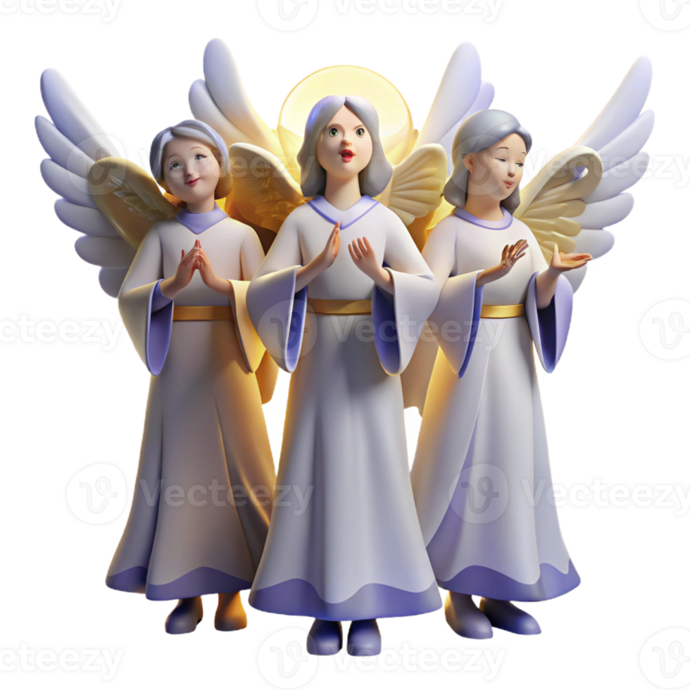 extraordinary contemporary A group of celestial beings with glowing wings and ethereal robes, singing in harmony, bathed in celestial light. Divine, angelic style detailed png