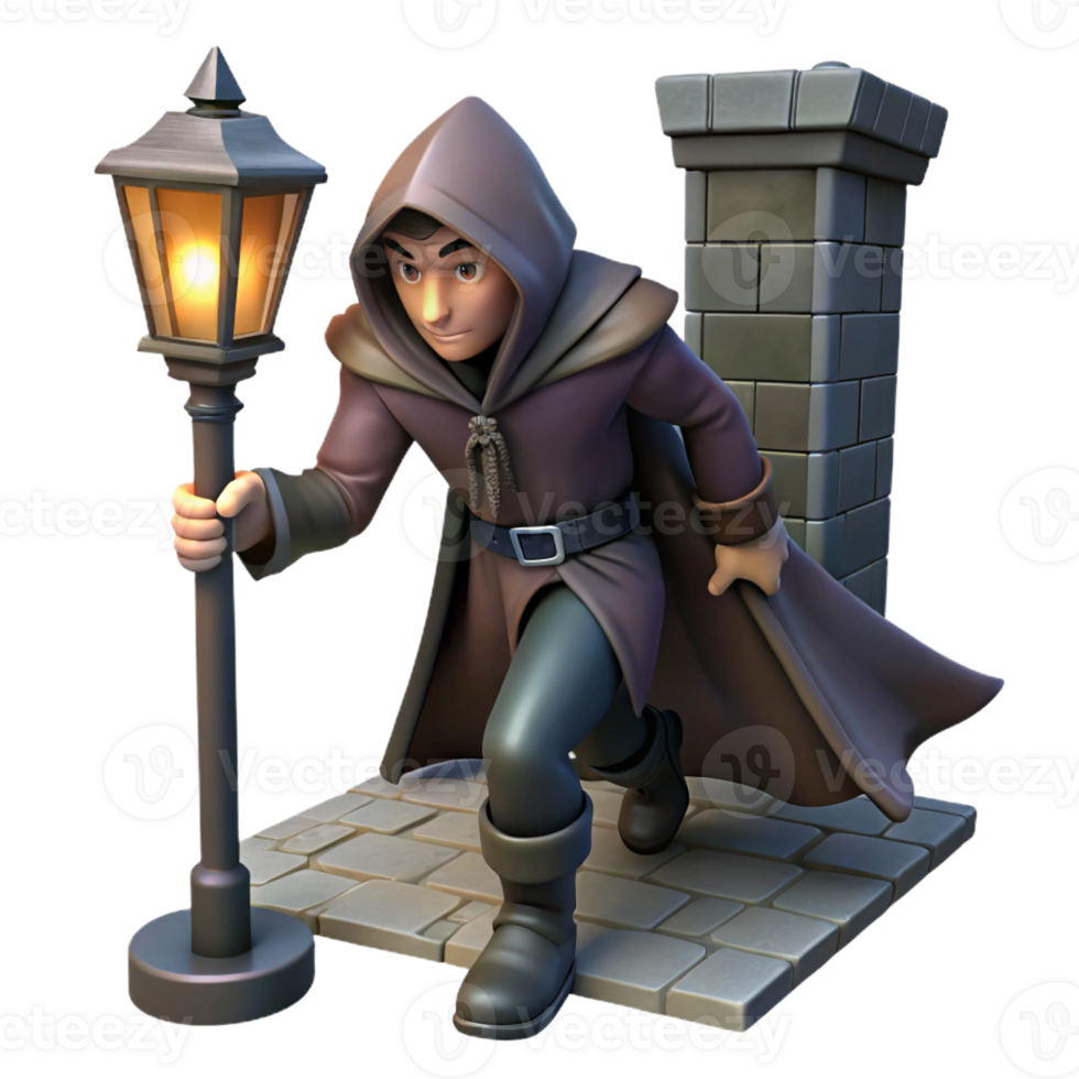 serene vintage A cunning rogue with a hooded cloak and a dagger, sneaking through a darkened alleyway, illuminated by a single streetlamp. Noir fantasy style high resolution png