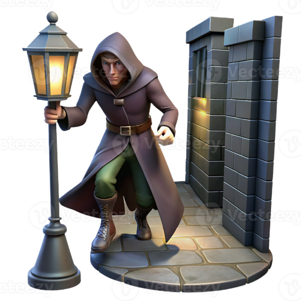 extraordinary rustic A cunning rogue with a hooded cloak and a dagger, sneaking through a darkened alleyway, illuminated by a single streetlamp. Noir fantasy style exclusive png
