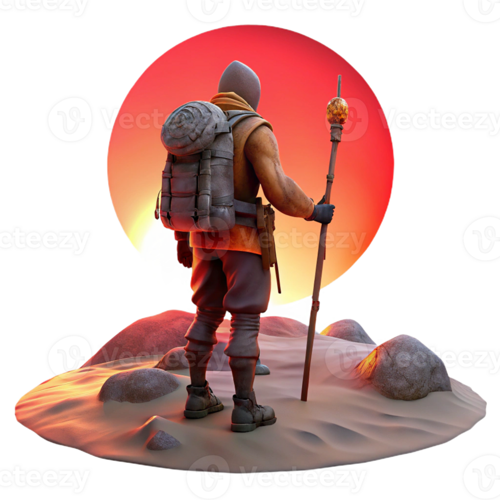 beautiful contemporary A lone wanderer with a worn leather backpack and a staff, traversing a desolate wasteland, lit by a blood-red sunset. Post-apocalyptic fantasy style professional png
