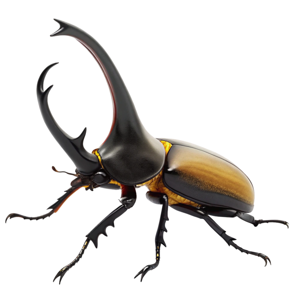 Magnificent specimen of a large black and gold rhinoceros beetle, showcasing intricate details of its horns and body png