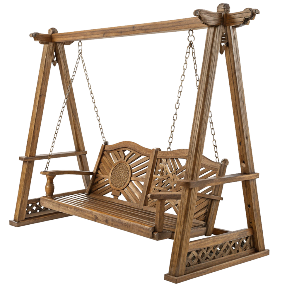 Rustic Wooden Garden Swing Bench with Intricate Carvings and Chain Suspensions png