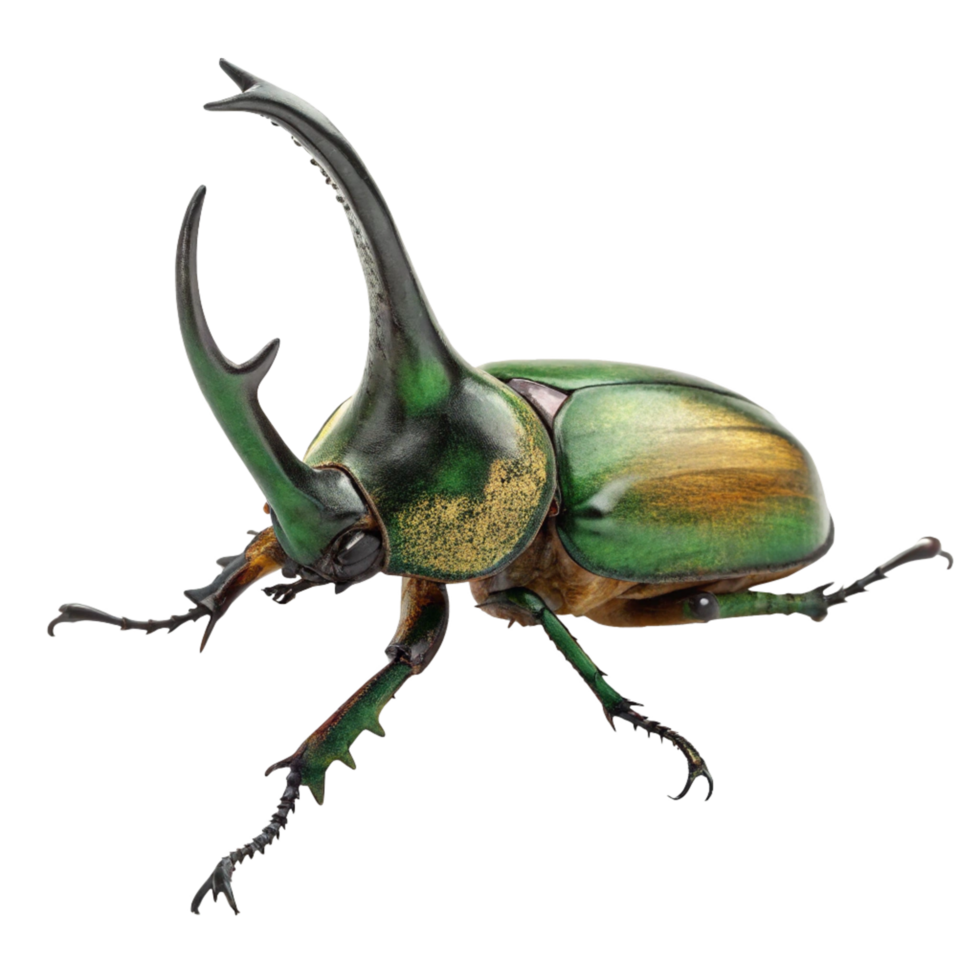 Closeup of a vibrant green and gold rhinoceros beetle with large curved horns png