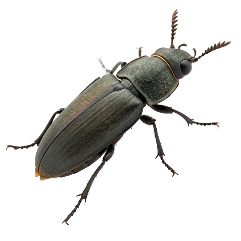 Detailed Closeup of a Dark Gray Beetle with Feathery Antennae on Black Background png