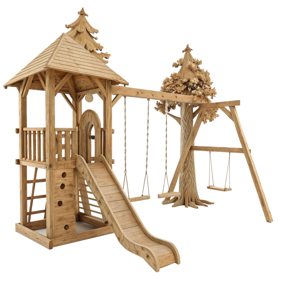 Wooden Playset with Tower Slide Swings and Tree Design for Children's Outdoor Fun png