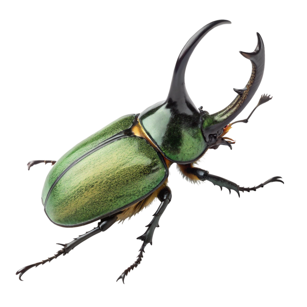 Closeup of a vibrant green and black beetle with large horns, meticulously detailed insect photography png