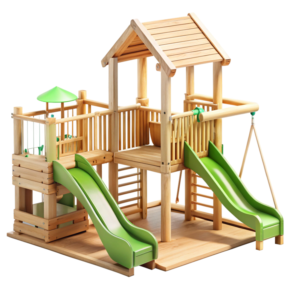 Wooden Playset for Kids with Two Slides and Swing Set, Perfect for Backyard Fun and Outdoor Activities png