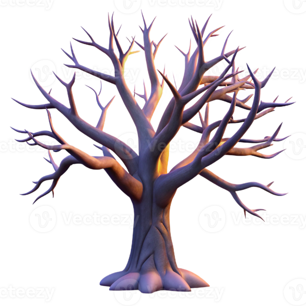 vibrant artistic A gnarled oak tree silhouetted against a twilight sky, branches reaching like skeletal fingers, low-key lighting, ethereal style genuine png