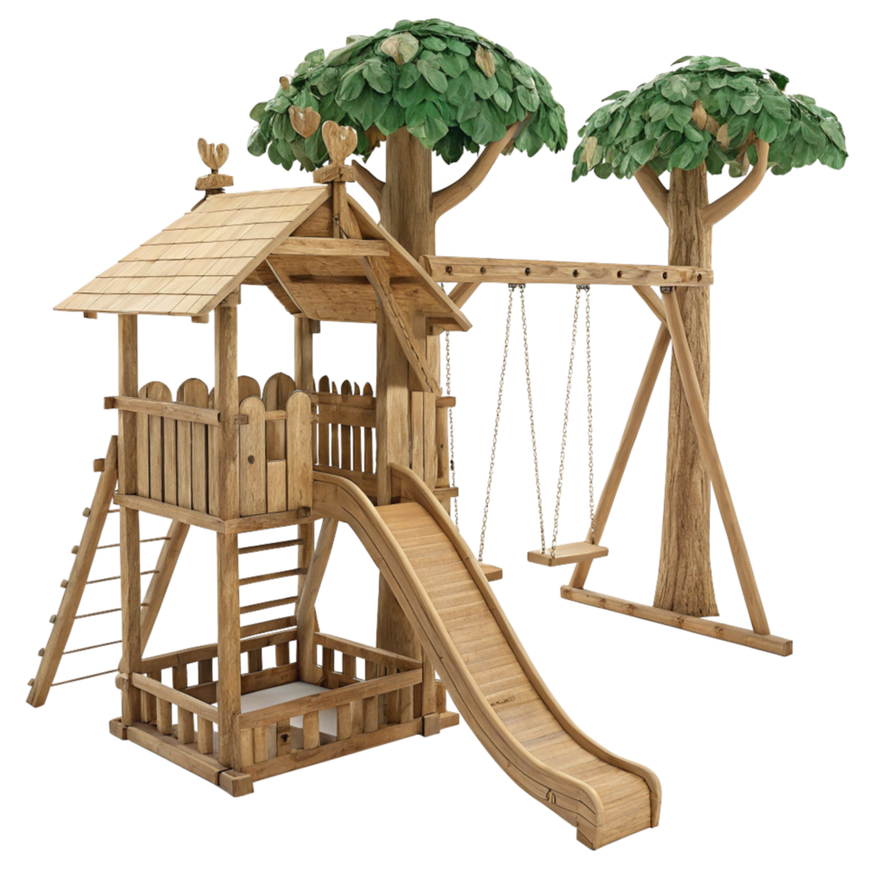 Wooden Treehouse Playset with Swing Set and Slide for Children's Outdoor Fun png