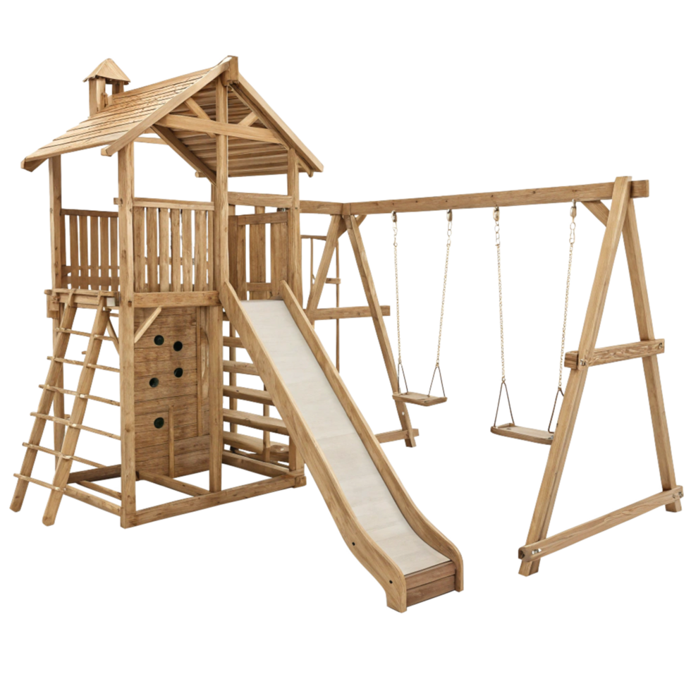 Wooden Playset with Tower Slide Swings and Climbing Ladder for Children's Outdoor Fun png