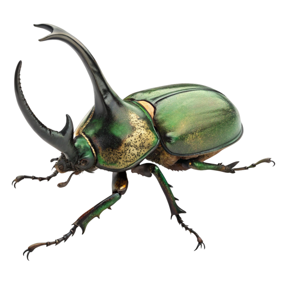 Closeup of a Striking Green and Gold Rhinoceros Beetle with a Large Horn png