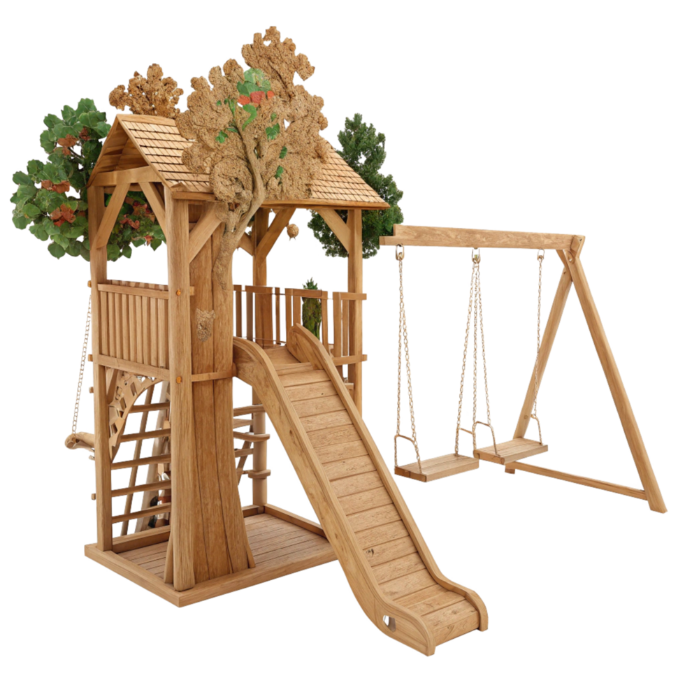 Wooden Treetop Playset with Slide and Swings for Children's Outdoor Fun png