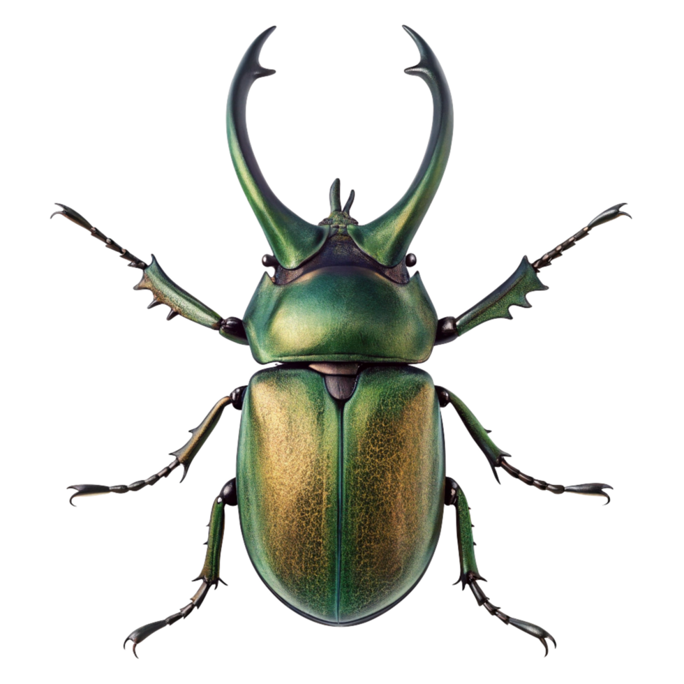 Magnificent iridescent green beetle with large horns a detailed close up studio shot png
