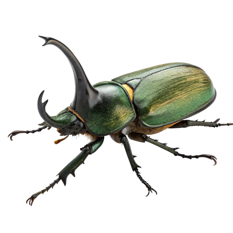 Closeup of a Striking Green and Gold Rhinoceros Beetle with a Dramatic Thorax and Pronounced Horn png