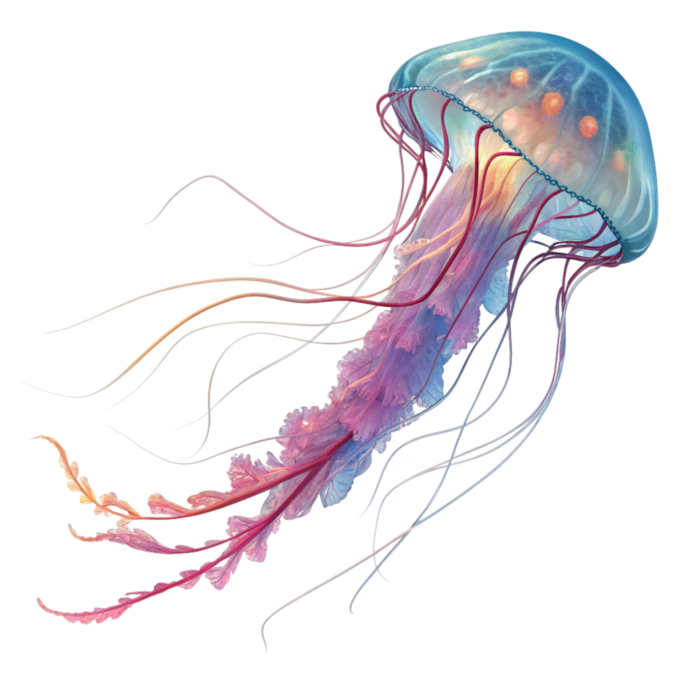 Stunning Detailed Illustration of a Pink and Blue Jellyfish with Flowing Tentacles png