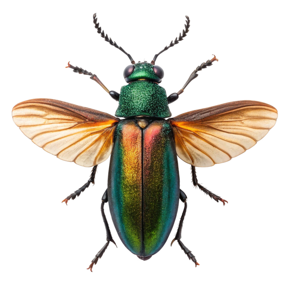 Magnificent iridescent beetle with vibrant green and gold hues showcasing intricate details of its wings and body png