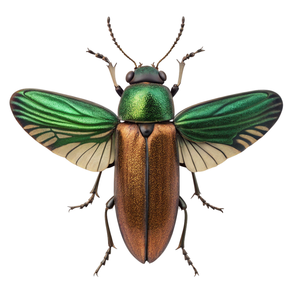 Stunning Closeup of a Metallic Green and Brown Beetle with Wings Spread Wide png