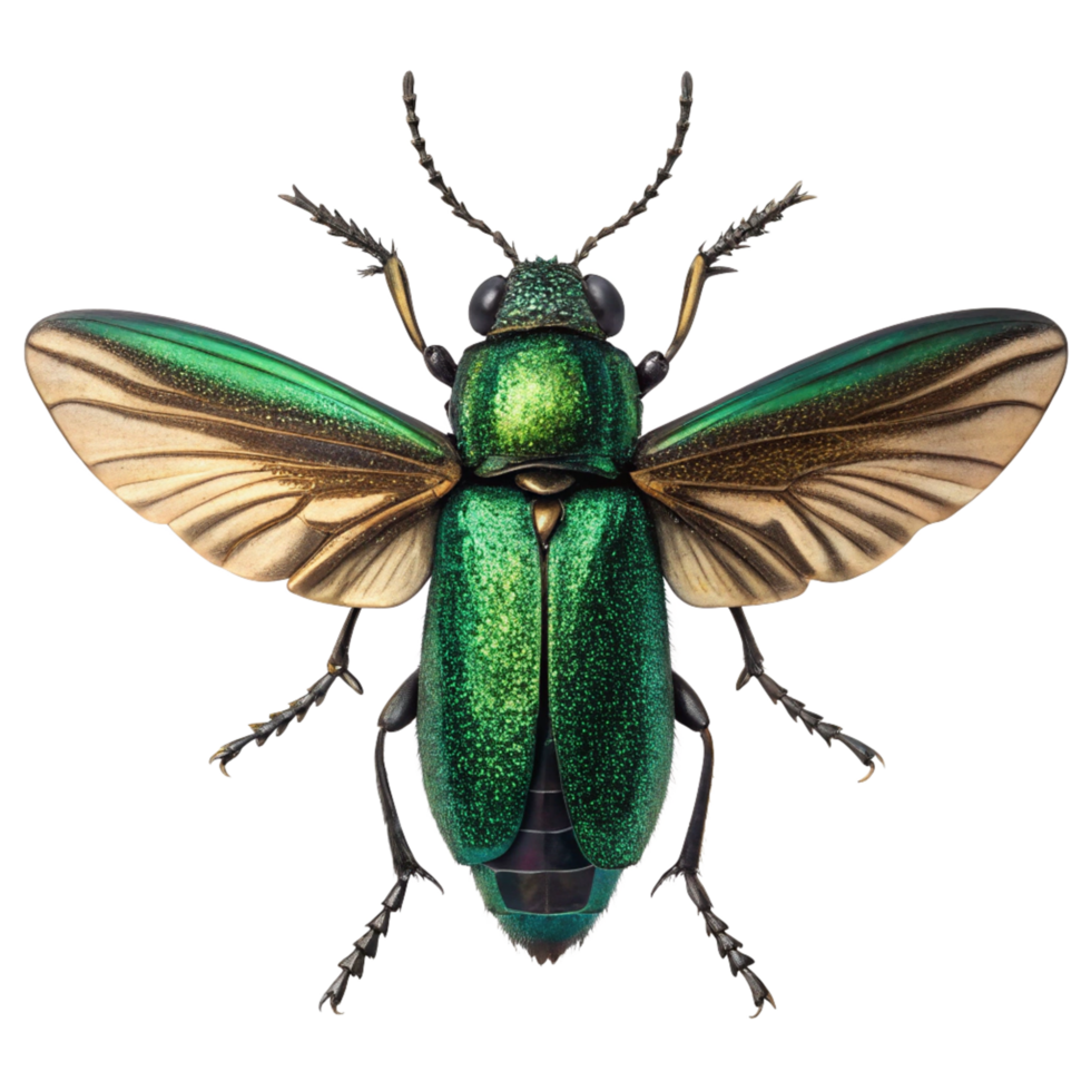 Stunning Closeup of a Vibrant Green Jewel Beetle with Intricate Wing Details png