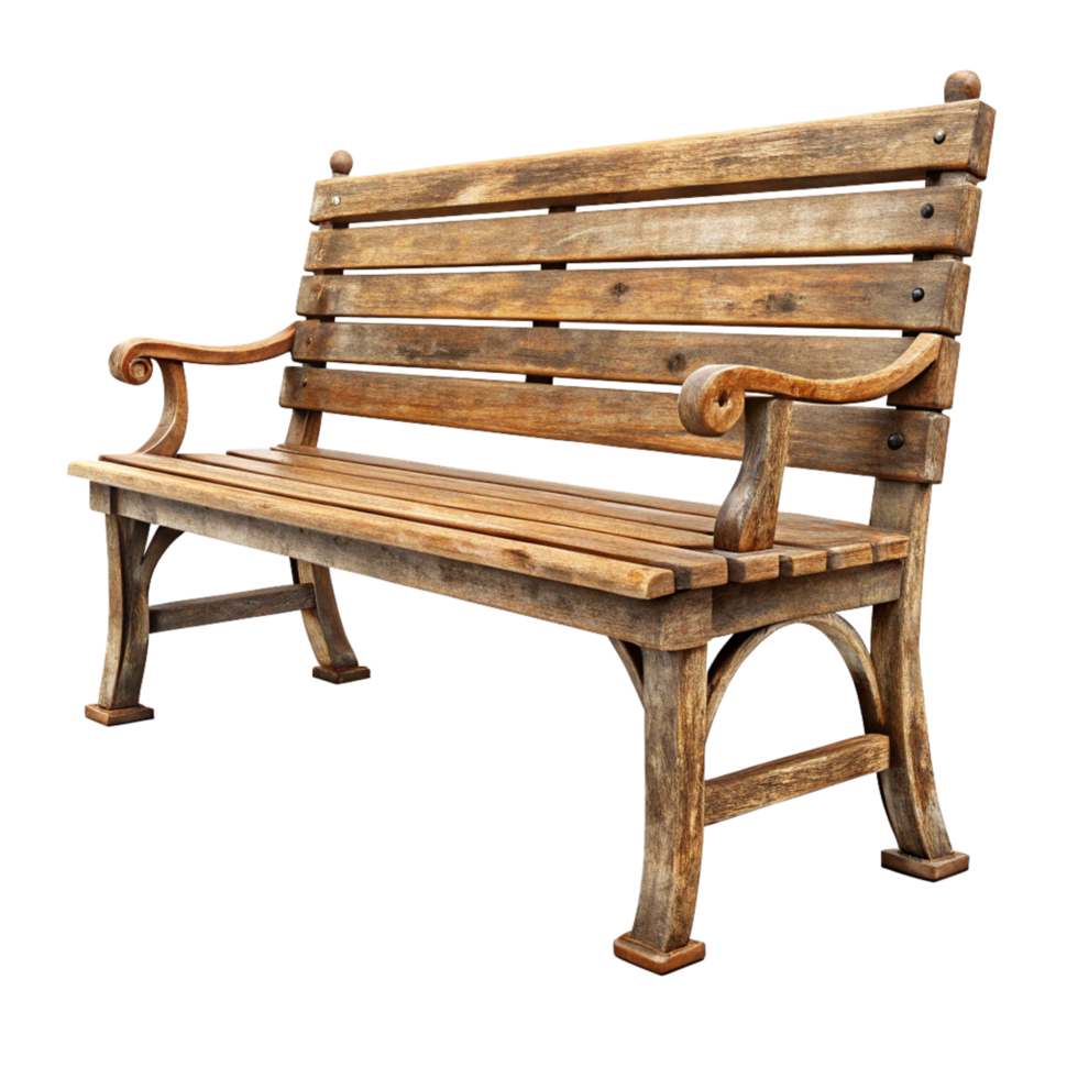 A weathered wooden park bench with curved armrests and slatted back png