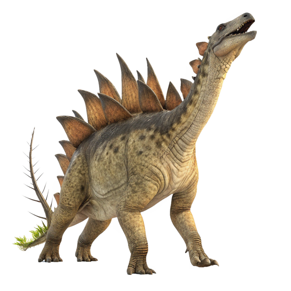 A detailed 3D rendering of a Stegosaurus dinosaur, showcasing its iconic plates and tail spikes, set against a black background png