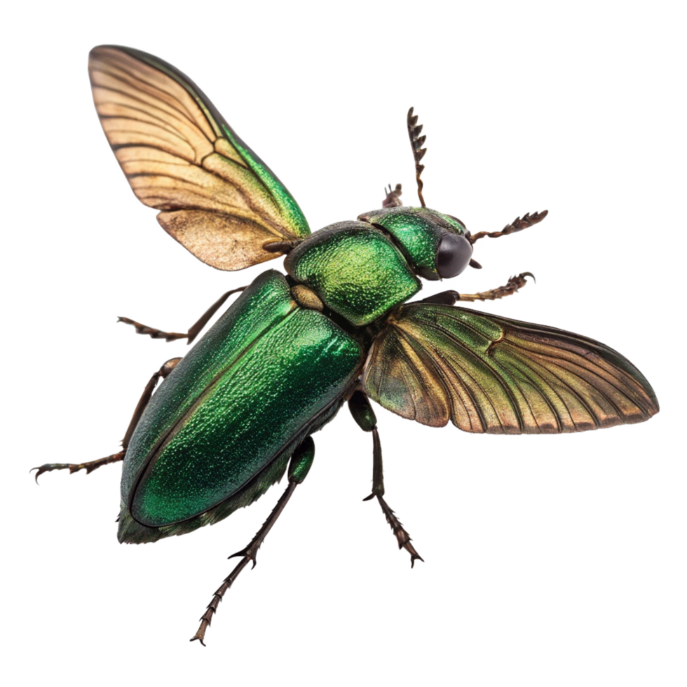 Closeup of a Metallic Green Jewel Scarab Beetle with Wings Spread png